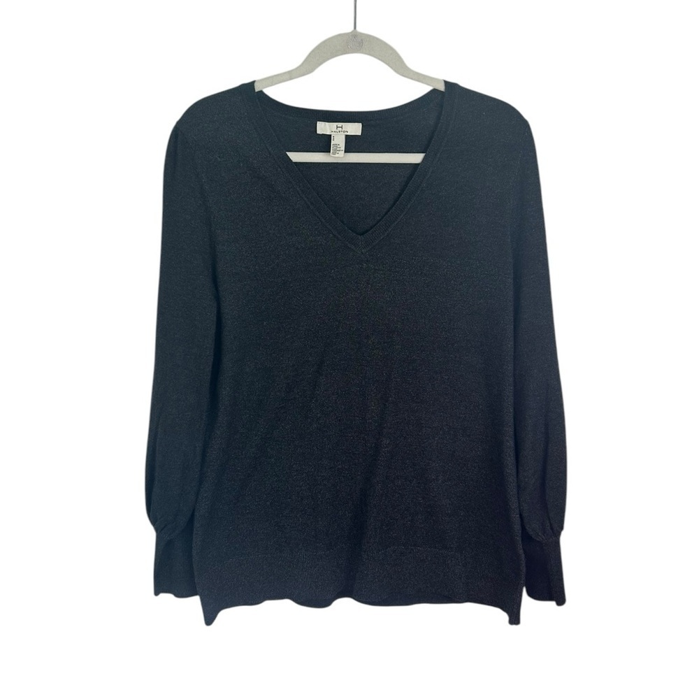 H Halston Charcoal Black Grey V-Neck Pullover Sweater Classic Women’s Sz Medium